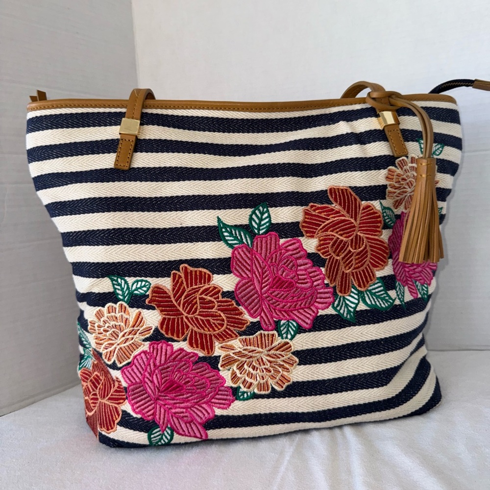 Chico's Striped Vibrant Floral Embroidered Cotton Leather Tote Shoulder Purse - Picture 11 of 14